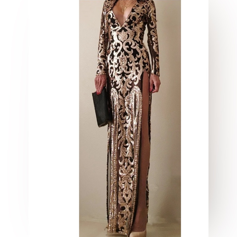 Gold and black sequin gown with two side slits